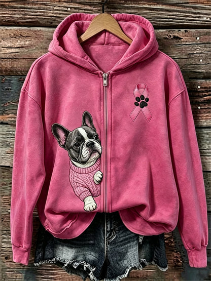 Frauen-Kapuzenpullover mit durchschauendem Französischen Bulldoggen- und Rosa-Schleifen-Design zur Brustkrebsaufklärung, mit durchgehendem Reißverschluss