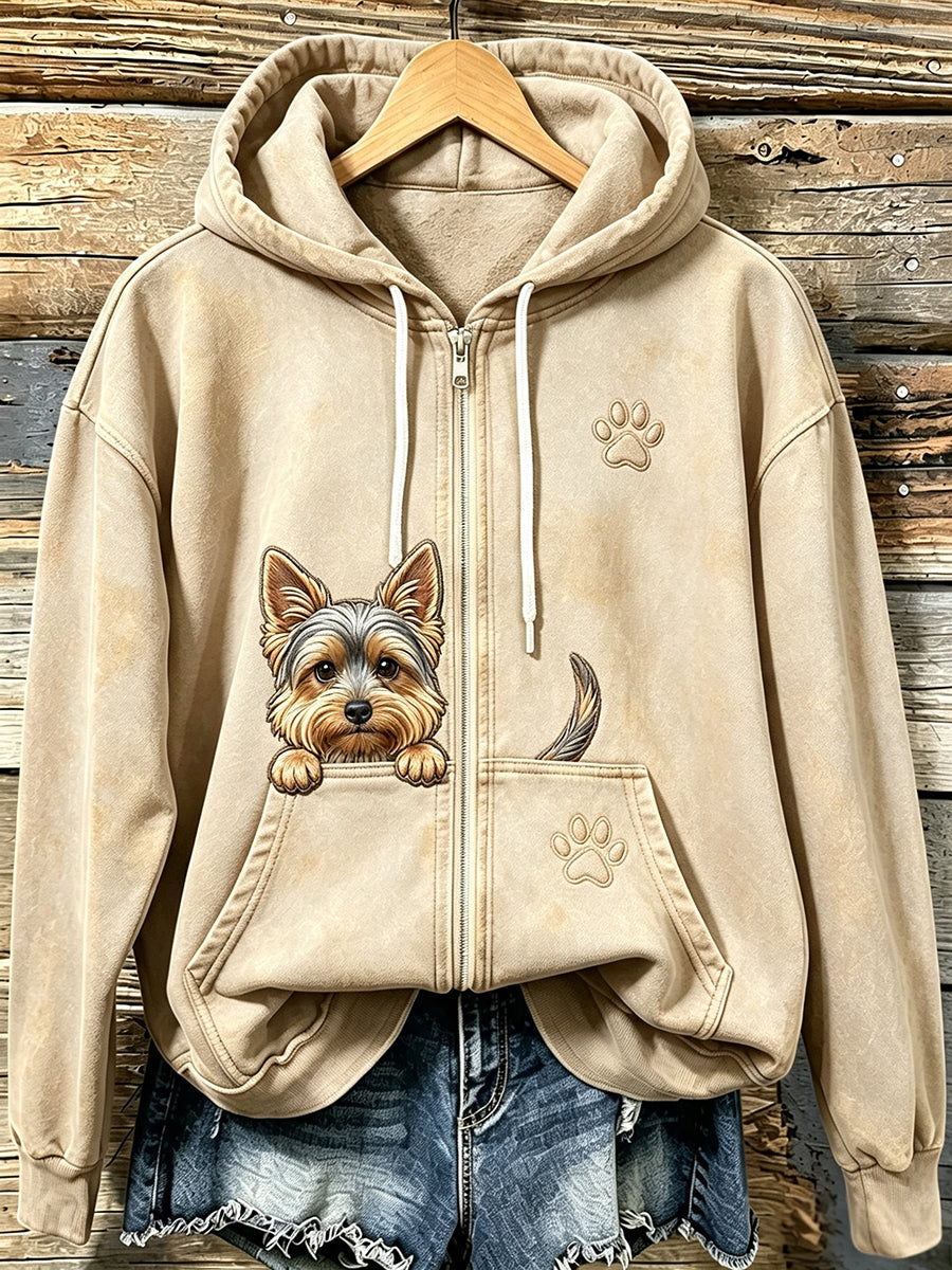 Damen niedlicher Yorkie Welpe mit Pfoten druck Gemütlicher Kapuzen pullover mit Reiß verschluss