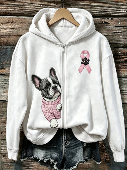 Frauen-Kapuzenpullover mit durchschauendem Französischen Bulldoggen- und Rosa-Schleifen-Design zur Brustkrebsaufklärung, mit durchgehendem Reißverschluss