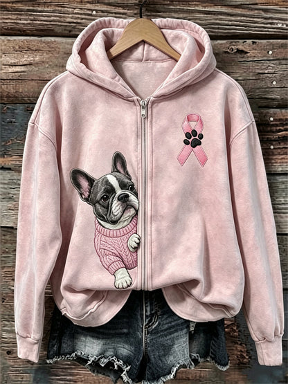 Frauen-Kapuzenpullover mit durchschauendem Französischen Bulldoggen- und Rosa-Schleifen-Design zur Brustkrebsaufklärung, mit durchgehendem Reißverschluss