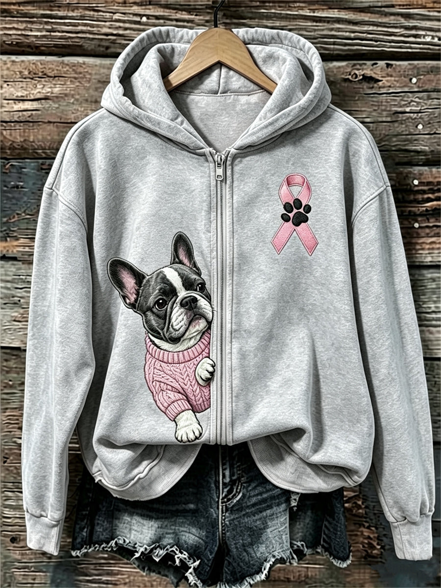 Frauen-Kapuzenpullover mit durchschauendem Französischen Bulldoggen- und Rosa-Schleifen-Design zur Brustkrebsaufklärung, mit durchgehendem Reißverschluss