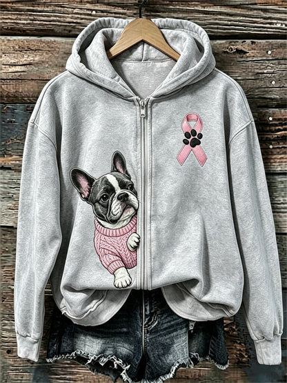 Frauen-Kapuzenpullover mit durchschauendem Französischen Bulldoggen- und Rosa-Schleifen-Design zur Brustkrebsaufklärung, mit durchgehendem Reißverschluss