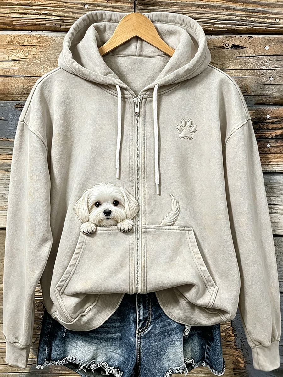 Frauen niedlicher Blick Malteser Hund mit Pfoten druck Gemütlicher Reiß verschluss Hoodie