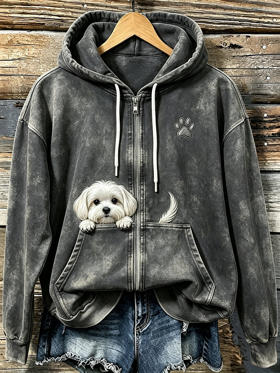 Frauen niedlicher Blick Malteser Hund mit Pfoten druck Gemütlicher Reiß verschluss Hoodie