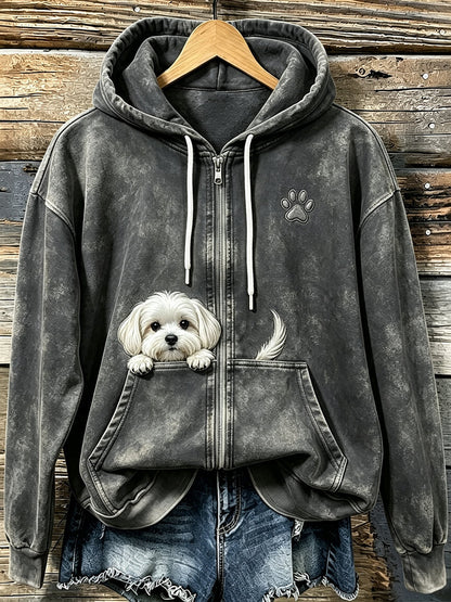 Frauen niedlicher Blick Malteser Hund mit Pfoten druck Gemütlicher Reiß verschluss Hoodie