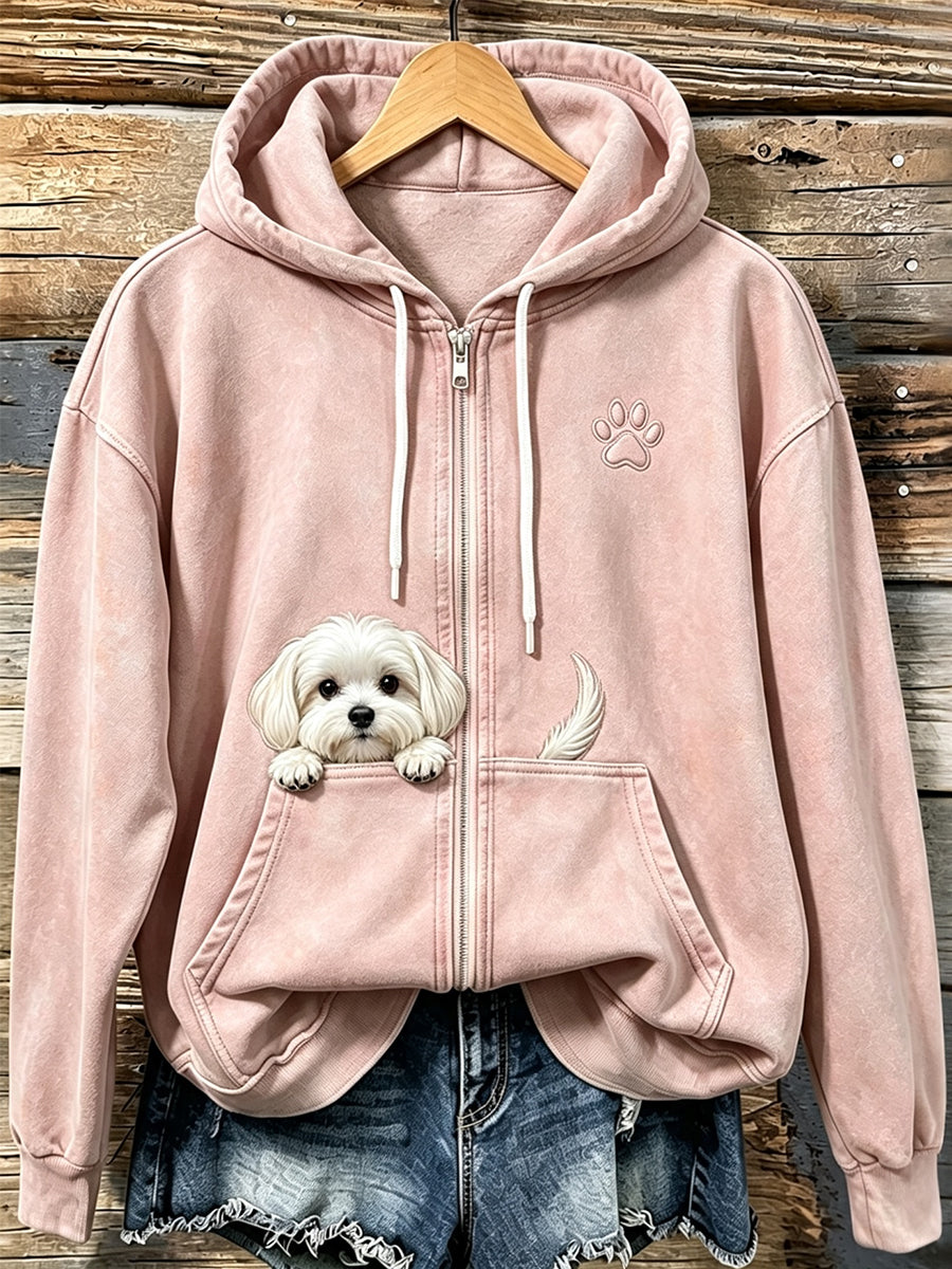 Frauen niedlicher Blick Malteser Hund mit Pfoten druck Gemütlicher Reiß verschluss Hoodie