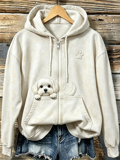 Frauen niedlicher Blick Malteser Hund mit Pfoten druck Gemütlicher Reiß verschluss Hoodie
