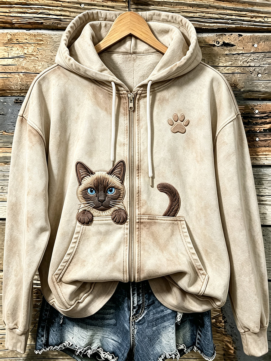 Damen niedlicher Katzen-und Pfoten druck Vintage gemütlicher Kapuzen pullover mit Reiß verschluss