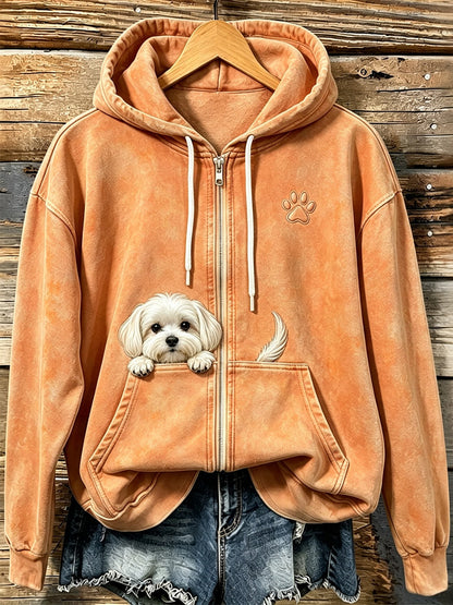 Frauen niedlicher Blick Malteser Hund mit Pfoten druck Gemütlicher Reiß verschluss Hoodie