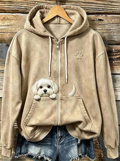 Frauen niedlicher Blick Malteser Hund mit Pfoten druck Gemütlicher Reiß verschluss Hoodie