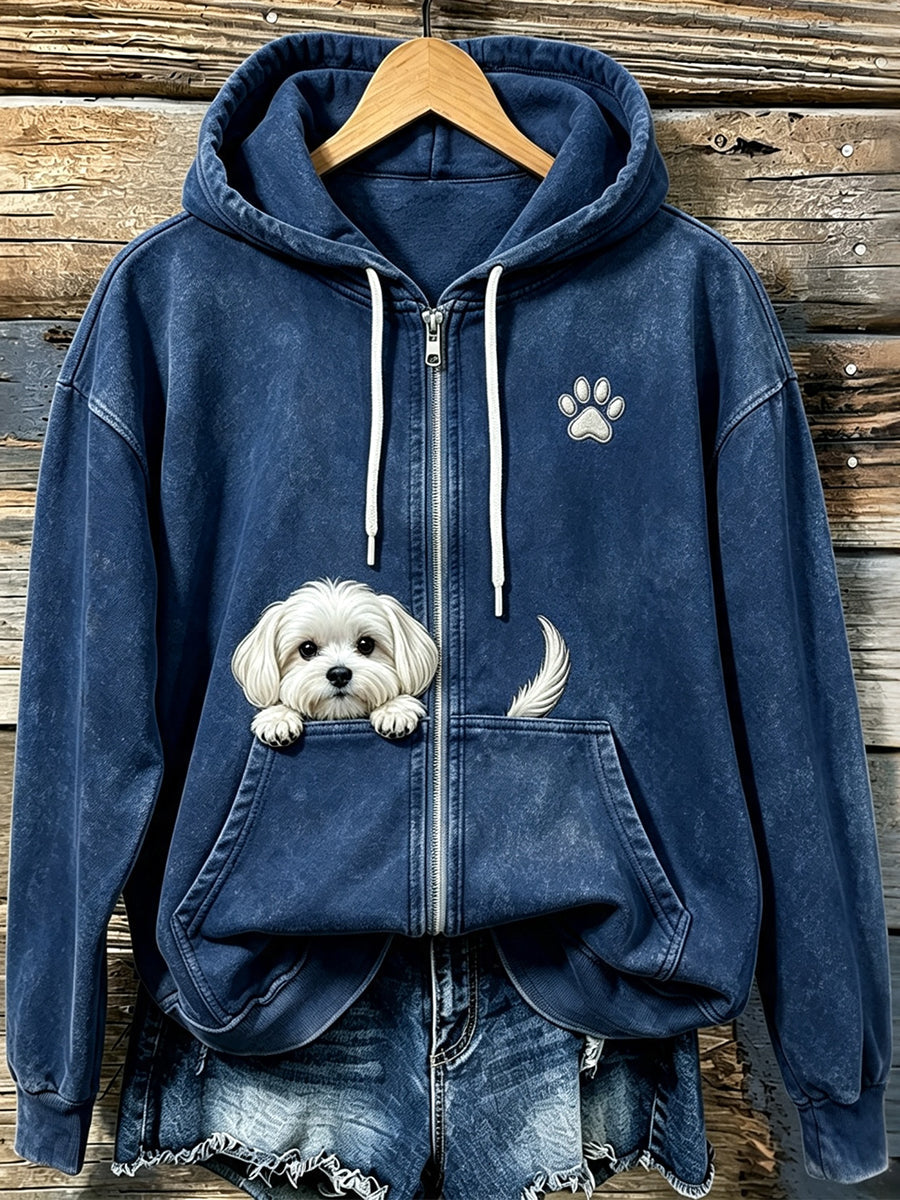 Frauen niedlicher Blick Malteser Hund mit Pfoten druck Gemütlicher Reiß verschluss Hoodie