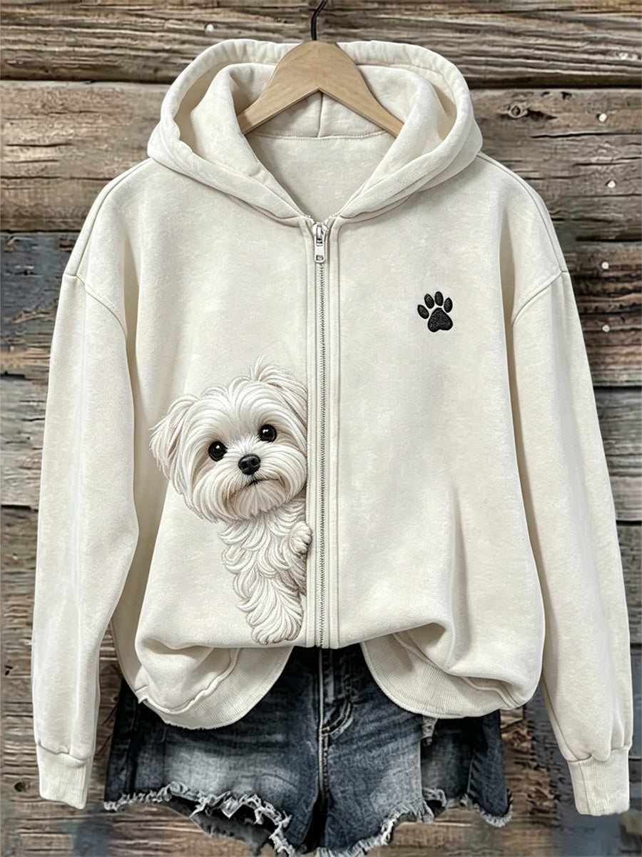 Damen-Kapuzenpullover mit Reißverschluss, Muster: Malteser-Hund und Pfotenabdrücke