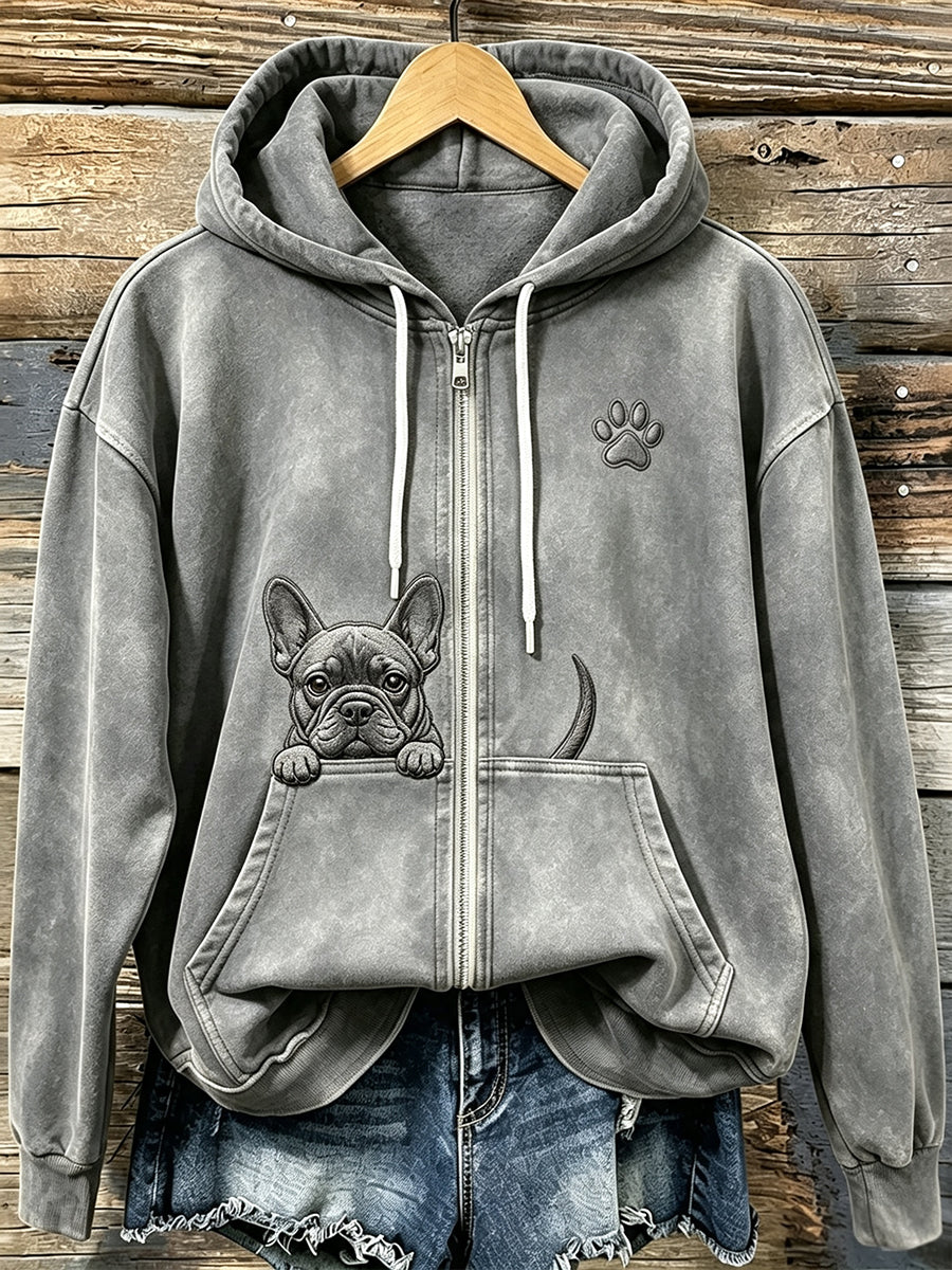 Damen niedliche Peeking französische Bulldogge mit Pfoten druck Gemütlicher Kapuzen pullover mit Reiß verschluss