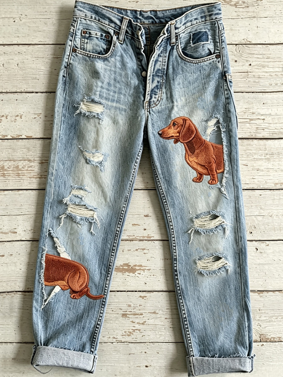 Ausgestellte Hosen mit niedlichem Tier hund kunst druck für Frauen