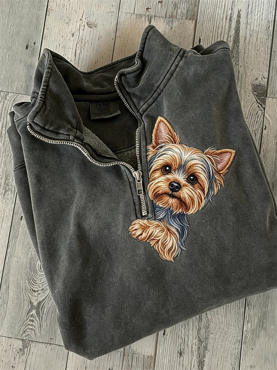 Frauen Peeking Yorkshire Dog Print Sweatshirt mit Reiß verschluss