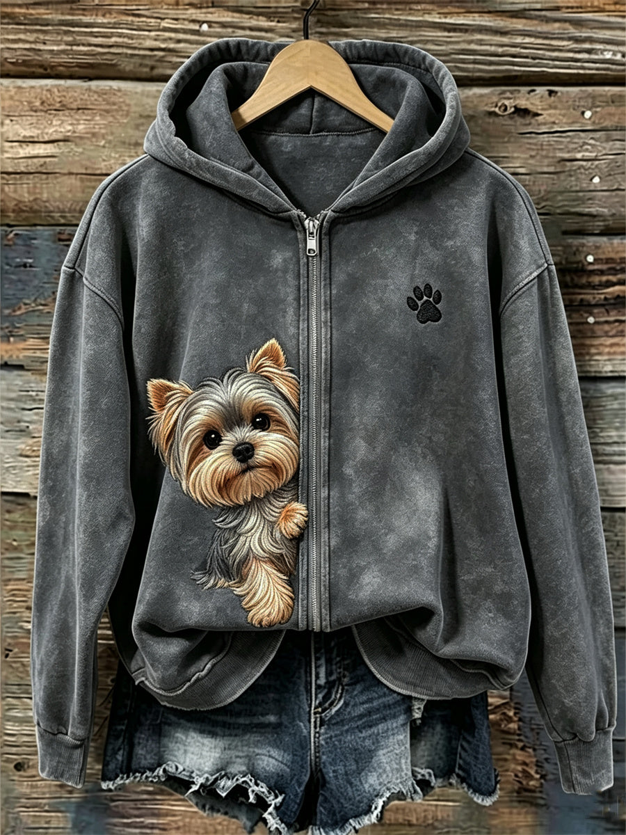 Damen-Kapuzenpullover mit verstecktem Yorkshire-Terrier und Pfotenabdruck, durchgehendem Reißverschluss