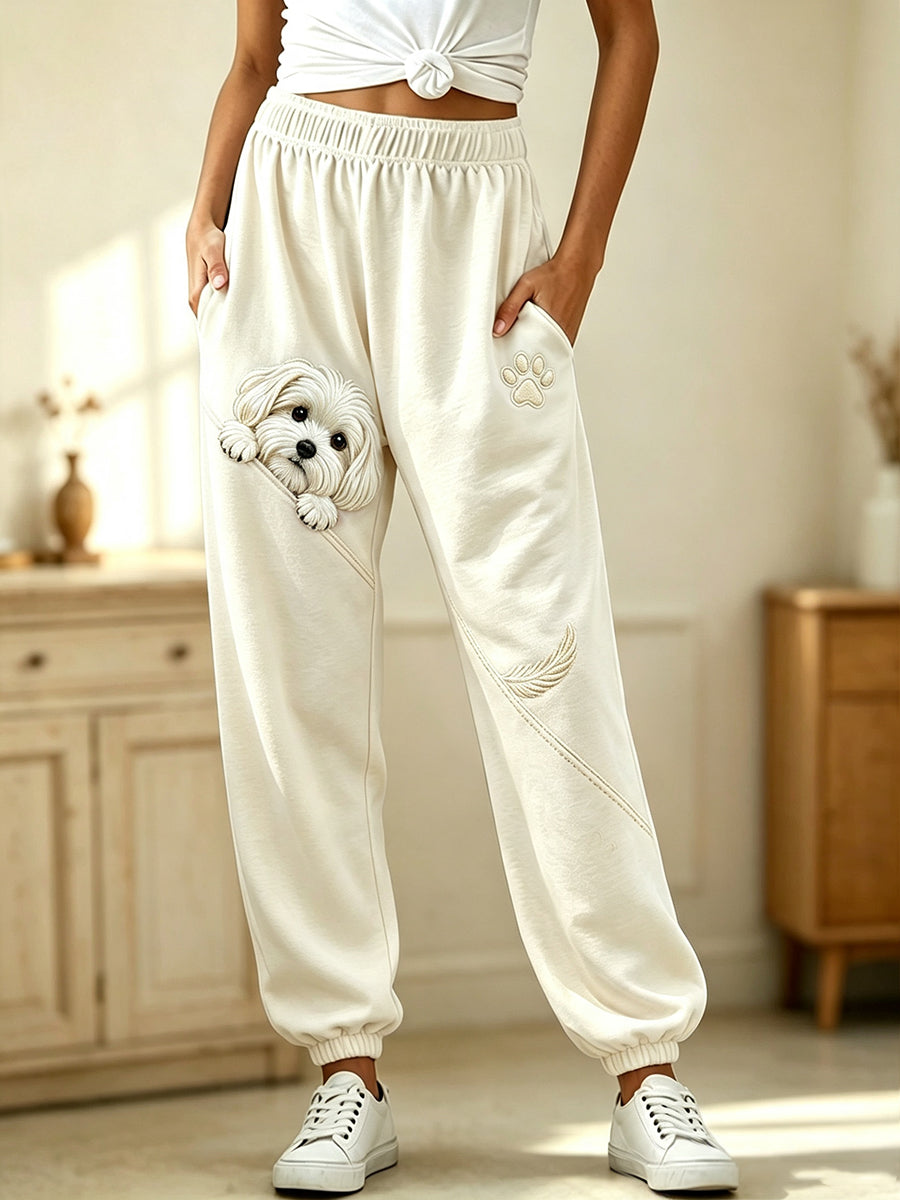 Frauen niedlich Peeking Malteser Hund mit Pfoten druck Gemütliche Jogging hose