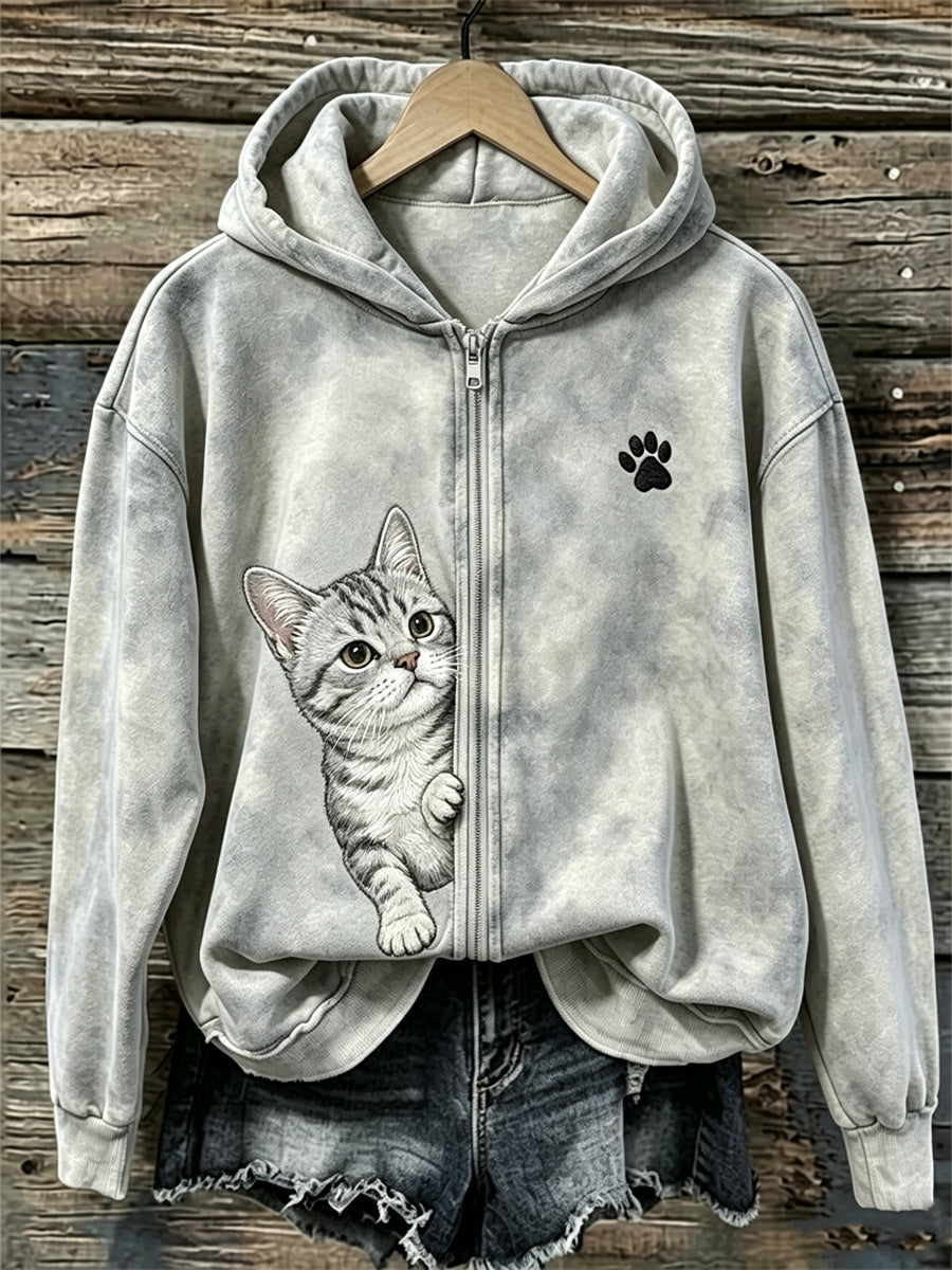 Damen Peeking American Kurzhaar Katze & Pfote Print Full Zip Gemütlicher Hoodie