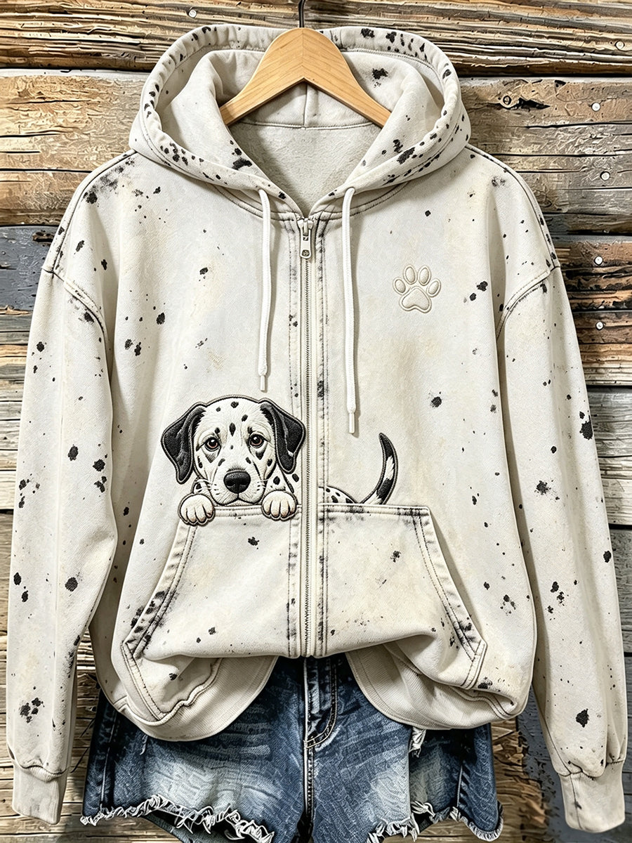 Gemütlicher Kapuzen pullover mit Paw Print für Damen süßer Dalmatiner mit Reiß verschluss