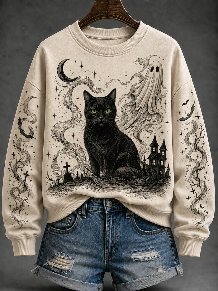 Damen-Halloween-Katzen-Pullover in normaler Passform