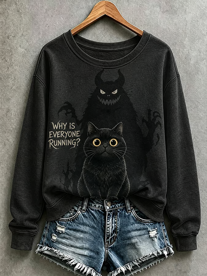 Damen-Halloween-Katzen-Pullover in normaler Passform