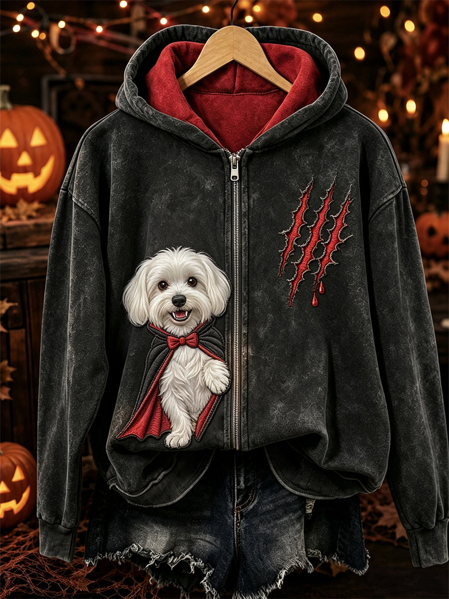 Frauen Halloween Peeking Malteser Hund Vampir Print Full Zip Hoodie