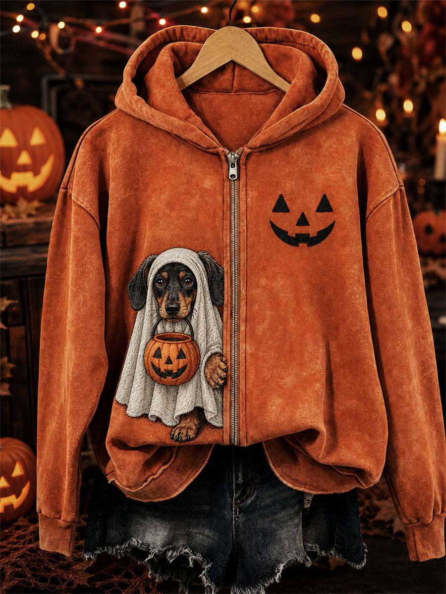 Damen Halloween Peeking Dackel Dog Ghost Print mit vollem Reiß verschluss Hoodie