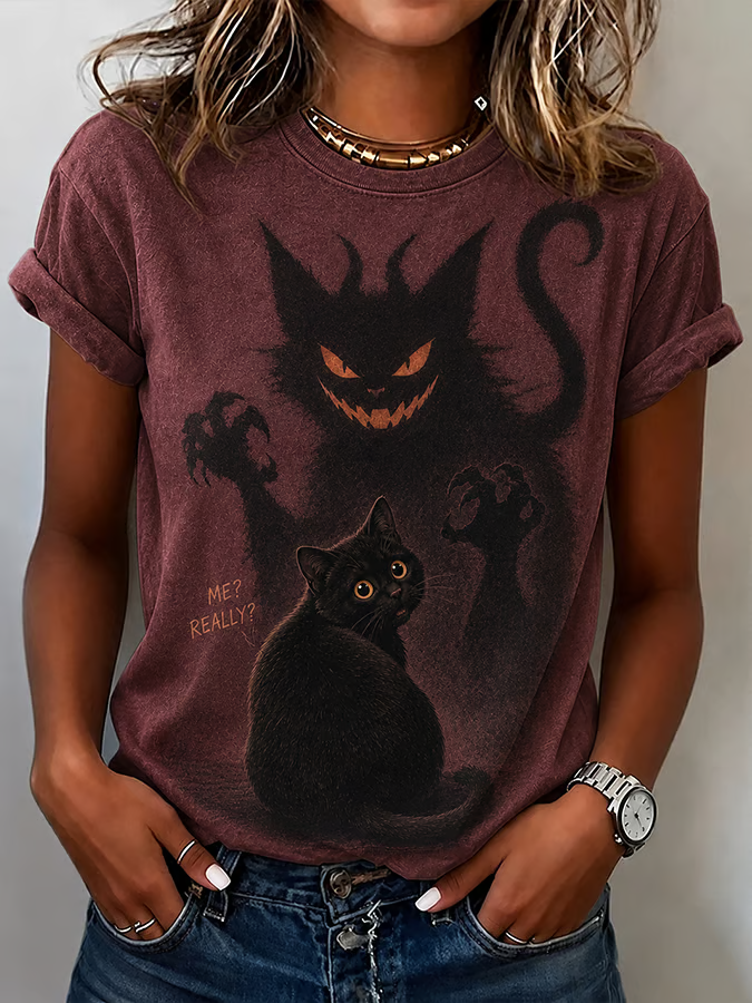 Damen Halloween Katze Kurzarm T-Shirt