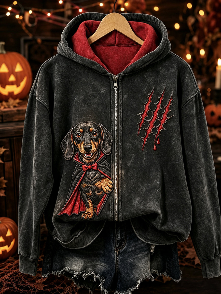 Damen Halloween Peeking Dackel Hund Vampir Print Full Zip Hoodie