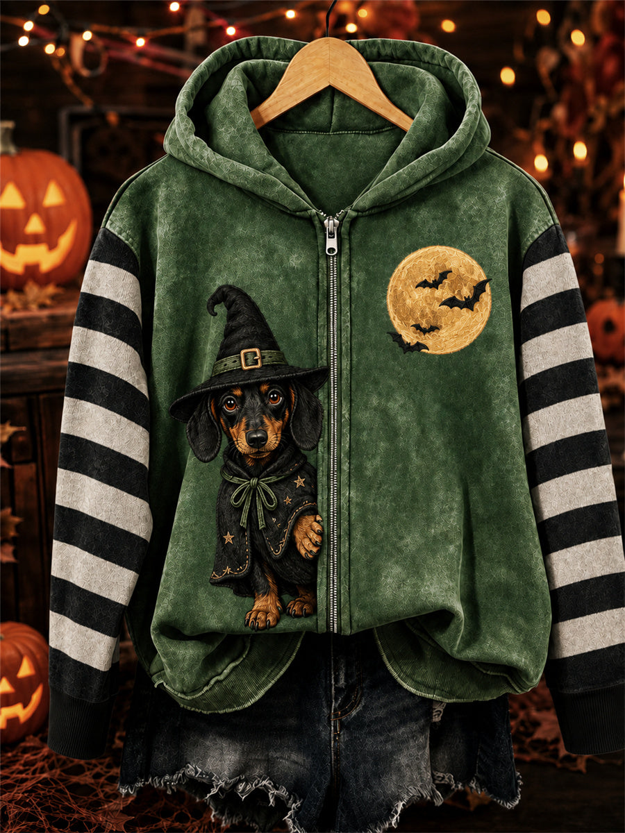 Damen Halloween Peeking Dackel Hund Hexe Print Full Zip Hoodie