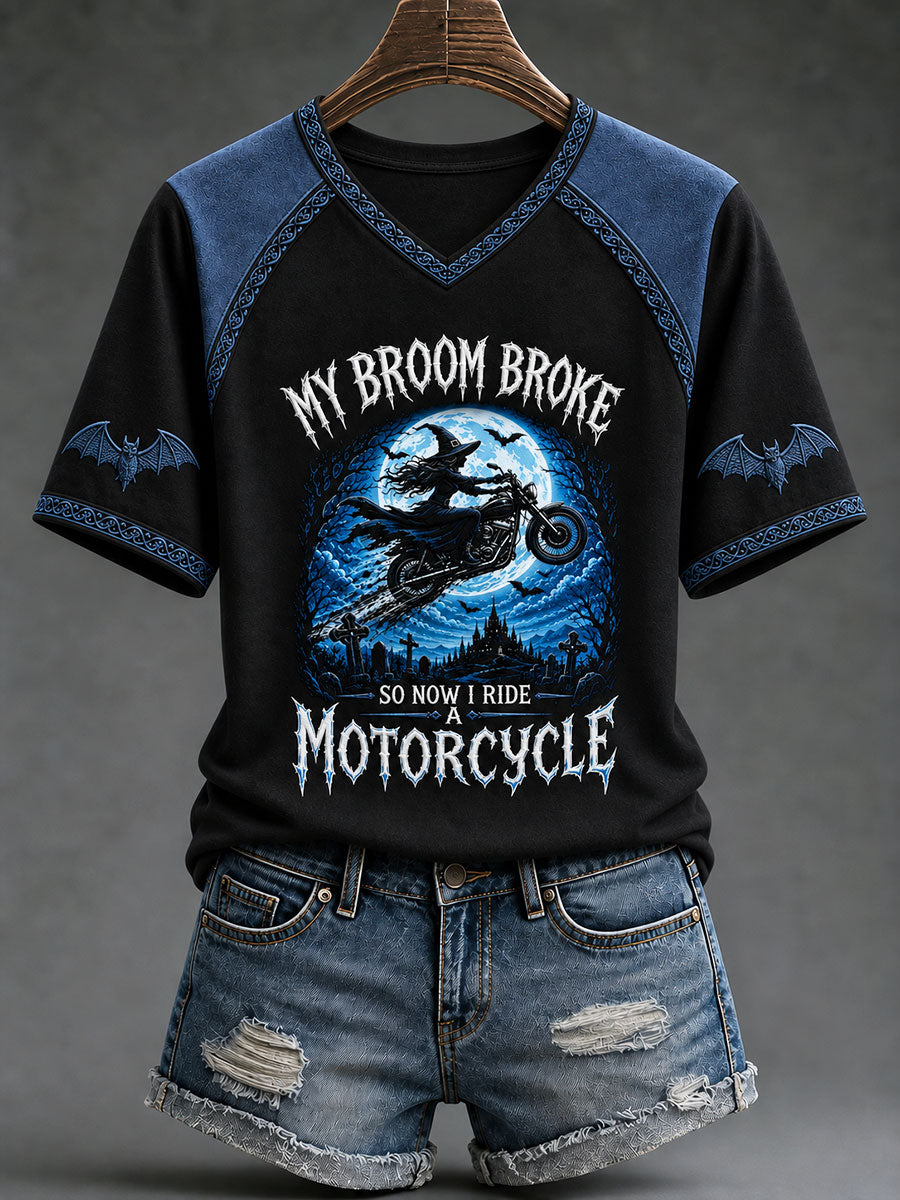 Frauen "Mein Besen ist kaputt, also fahre ich jetzt Motorrad" Halloween Witch Fun Casual T-Shirt