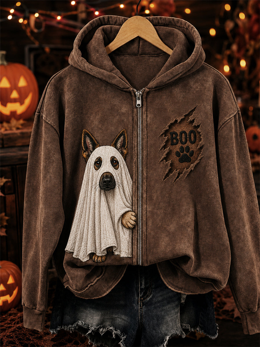 Damen Boo Halloween Peeking Deutscher Schäferhund Ghost Print voller Reiß verschluss Hoodie