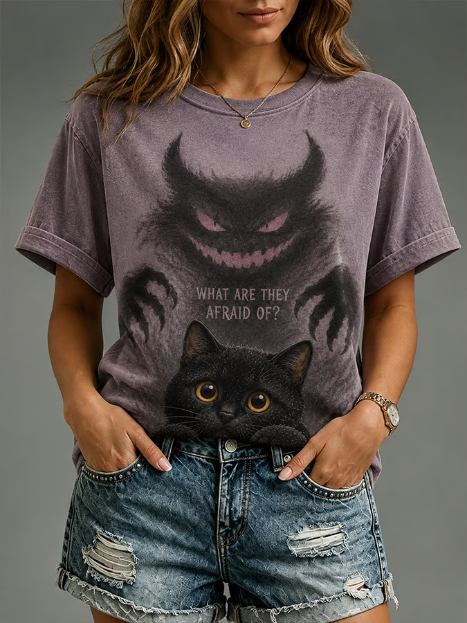 Damen-Halloween-Katzen-T-Shirt mit kurzen Ärmeln