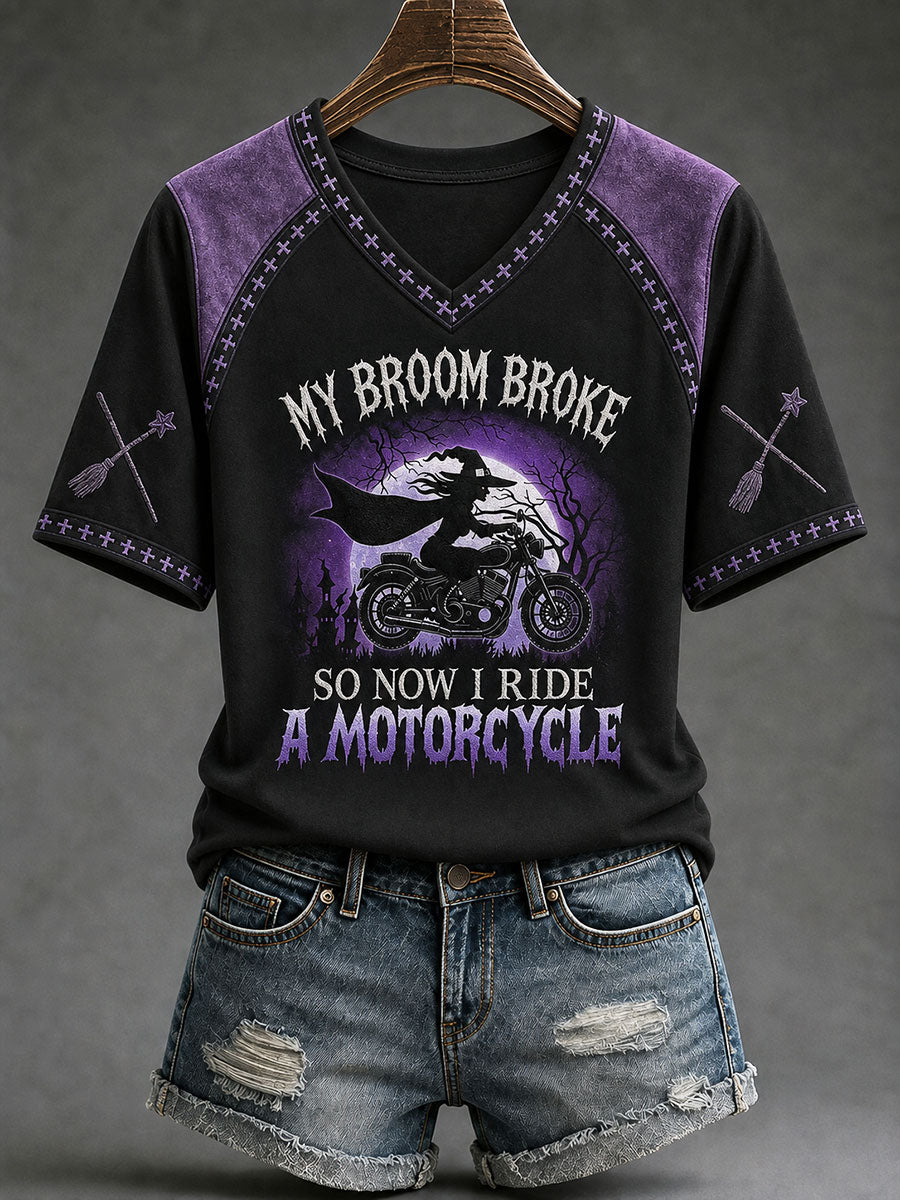 Frauen-T-Shirt „Mein Besen ist kaputt, also fahre ich jetzt Motorrad“ – Halloween-Hexe, lässig und witzig
