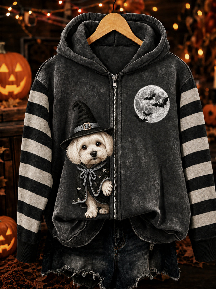 Frauen Halloween Peeking Malteser Hund Hexe Print Full Zip Hoodie