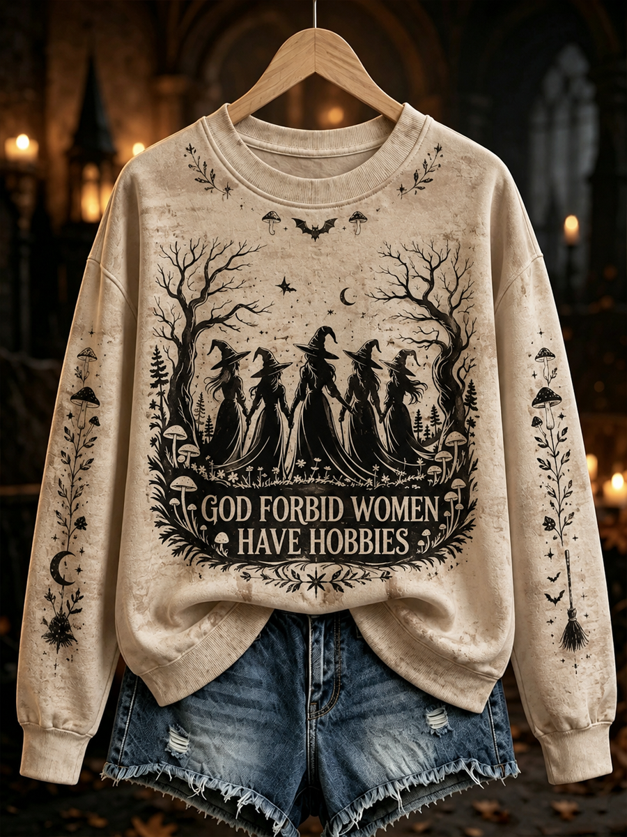 Damen-Halloween-Pullover mit Hexen-Print, reguläre Passform