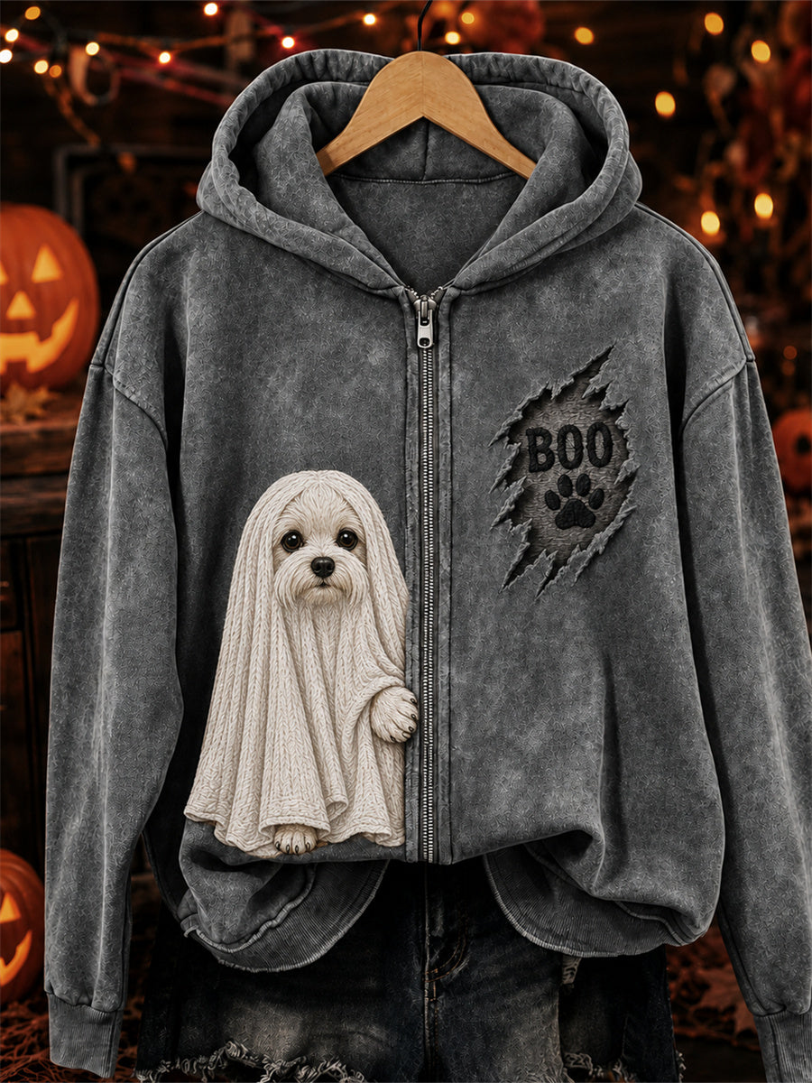 Frauen Boo Halloween Peeking Malteser Hund Ghost Print Full Zip Hoodie