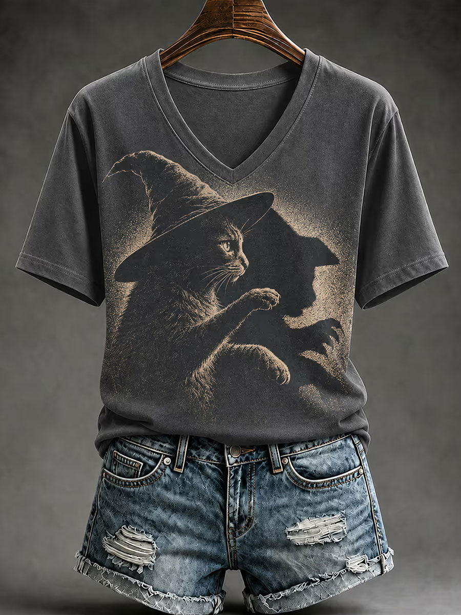 Frauen Halloween Spaß Hexen Hut Schwarze Katze Kurzarm T-Shirt