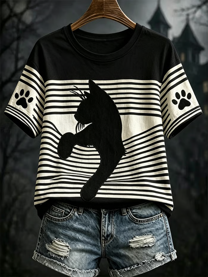 Damen-Halloween-Katzen-T-Shirt mit kurzen Ärmeln