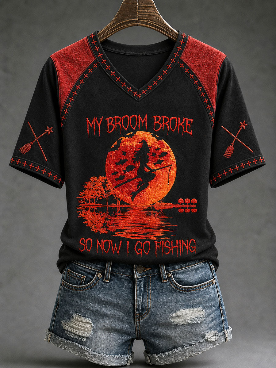 Frauen "Mein Besen ist kaputt, also gehe ich jetzt angeln" Halloween Witch Fun Casual T-Shirt
