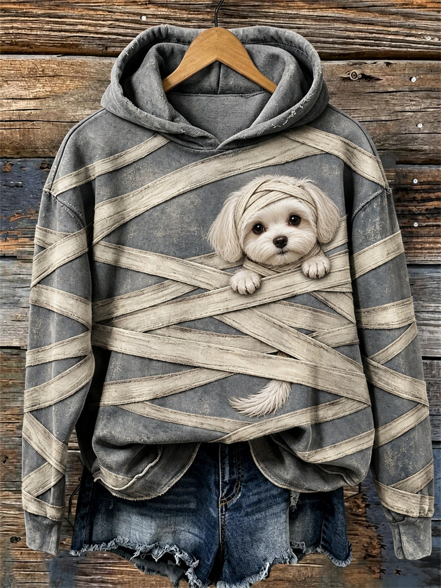 Frauen Halloween Peeking Mumie Malteser Hund Bandagen Druck Hoodie