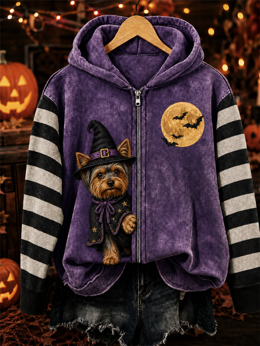 Frauen Halloween Peeking Yorkshire Hund Hexe Print Full Zip Hoodie
