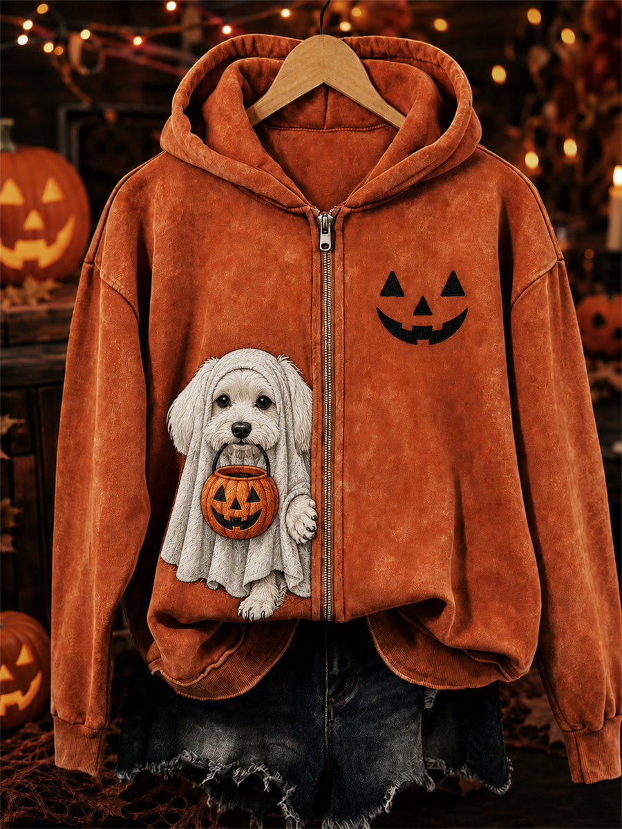 Frauen Halloween Peeking Malteser Hund Ghost Print mit vollem Reiß verschluss Hoodie