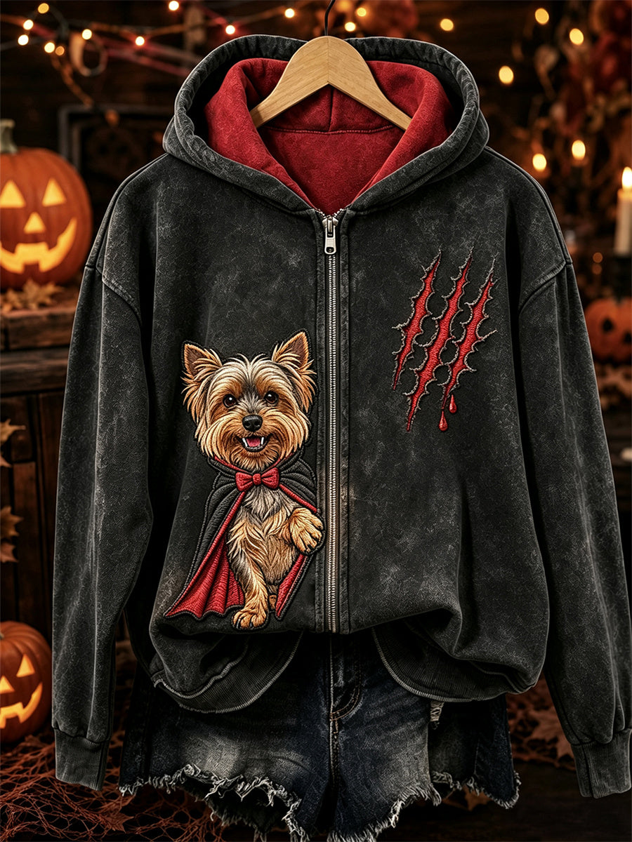 Frauen Halloween Peeking Yorkshire Dog Vampire Print mit vollem Reiß verschluss Hoodie