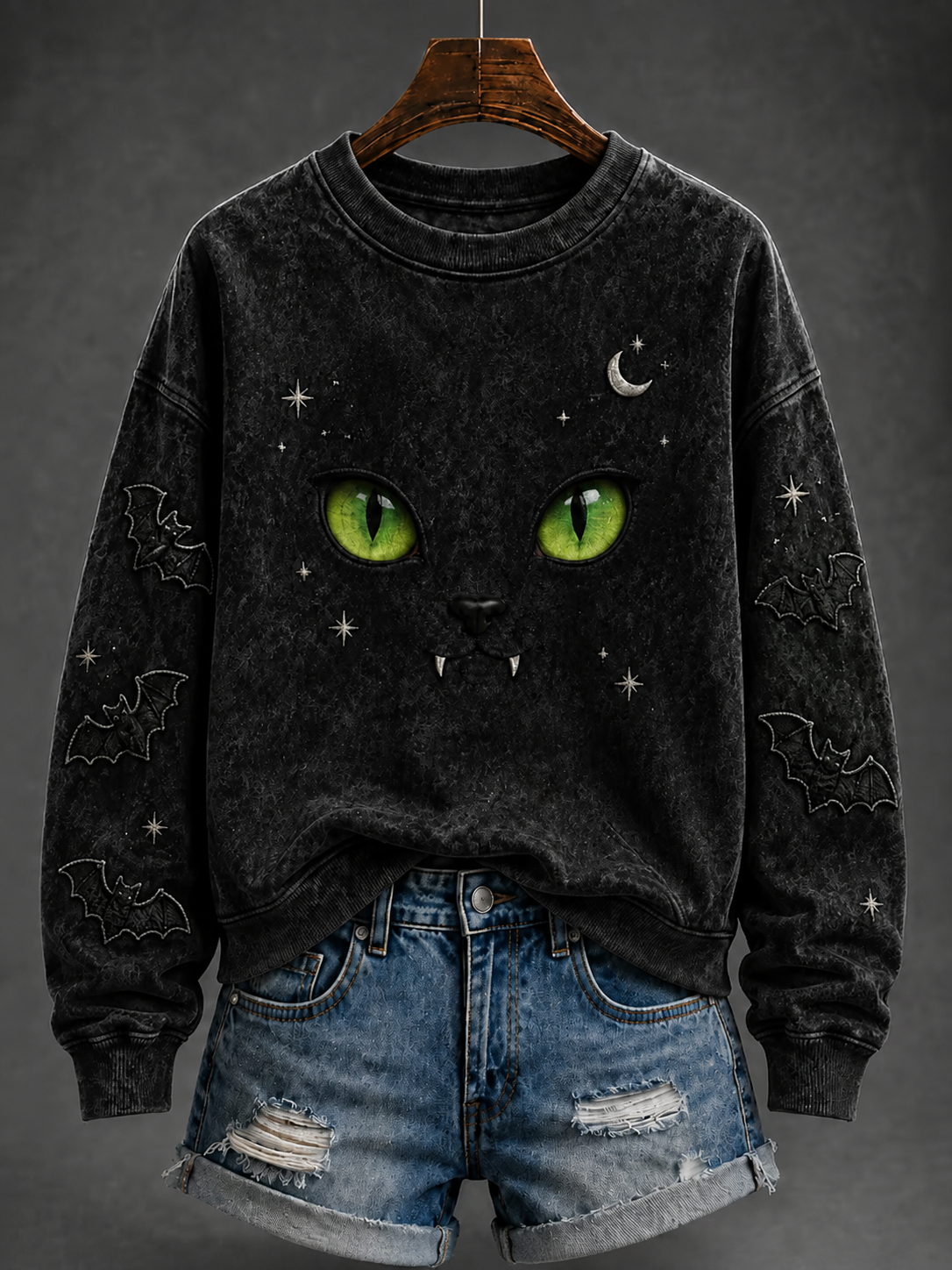 Damen-Halloween-Katzen-Pullover in normaler Passform