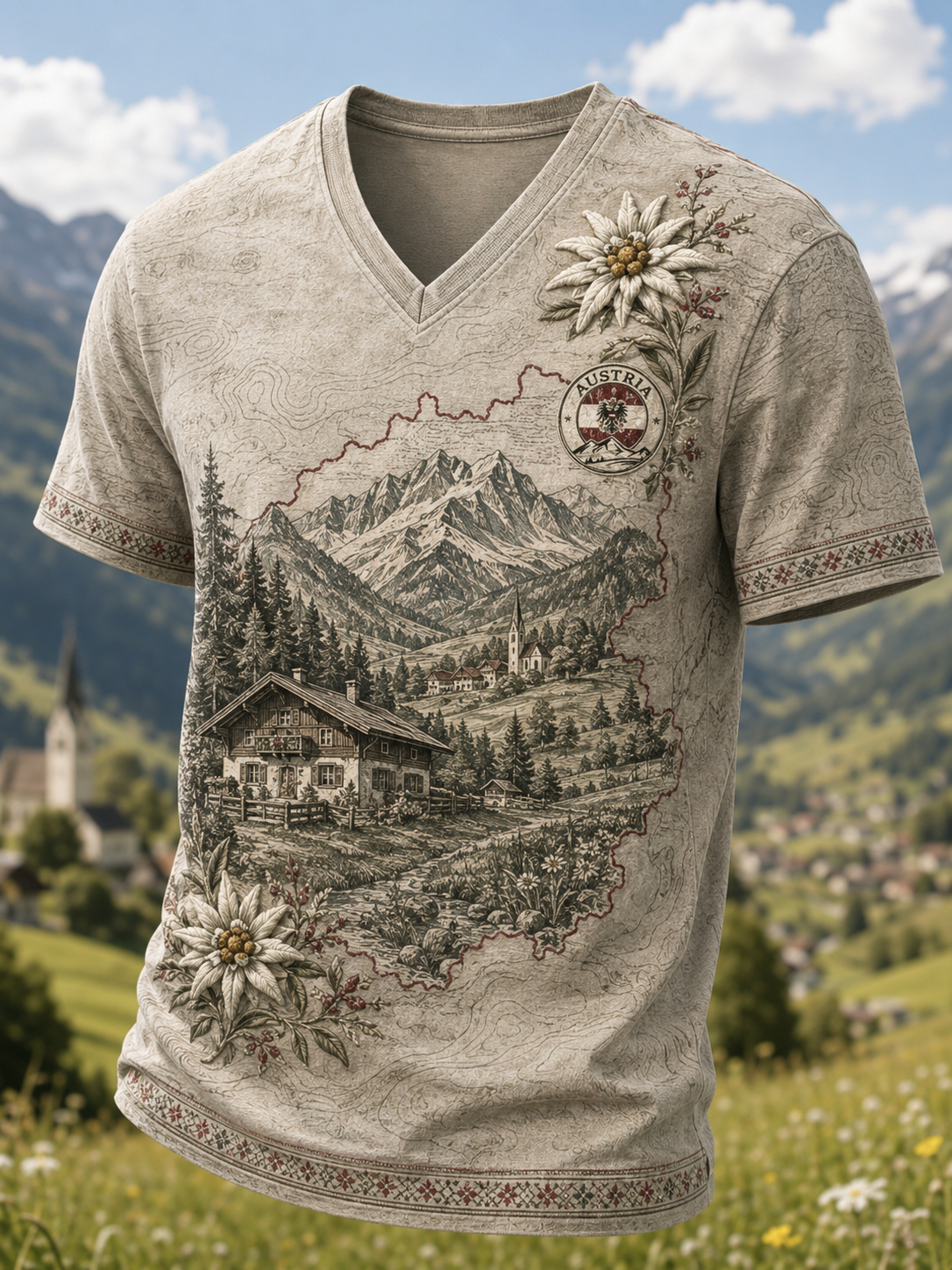 Herren-T-Shirt mit V-Ausschnitt im österreichischen Landhausstil