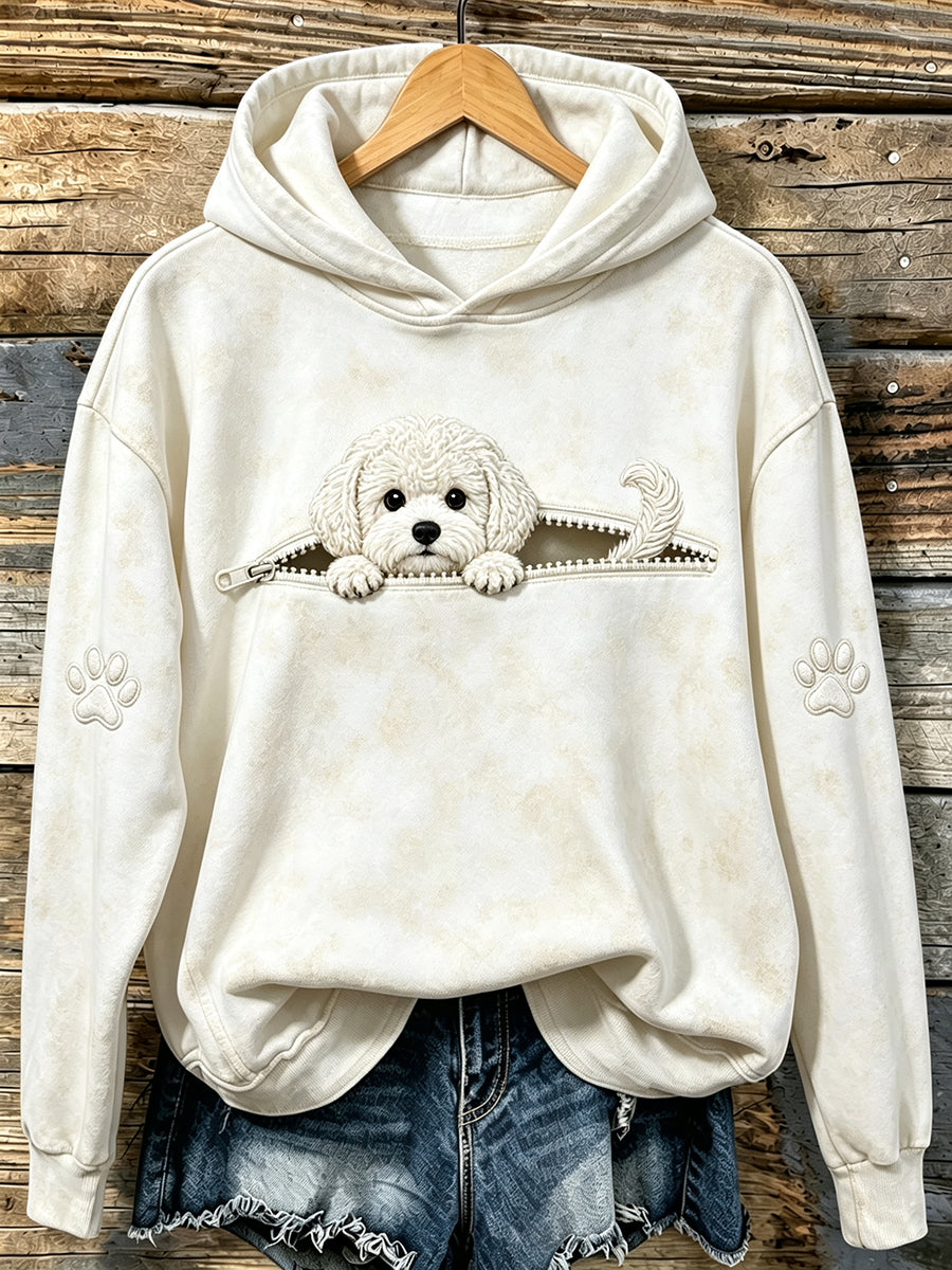 Damen-Sweatshirt mit süßem, hervorlugendem Bichon Frisé und Pfoten-Print sowie Kapuze