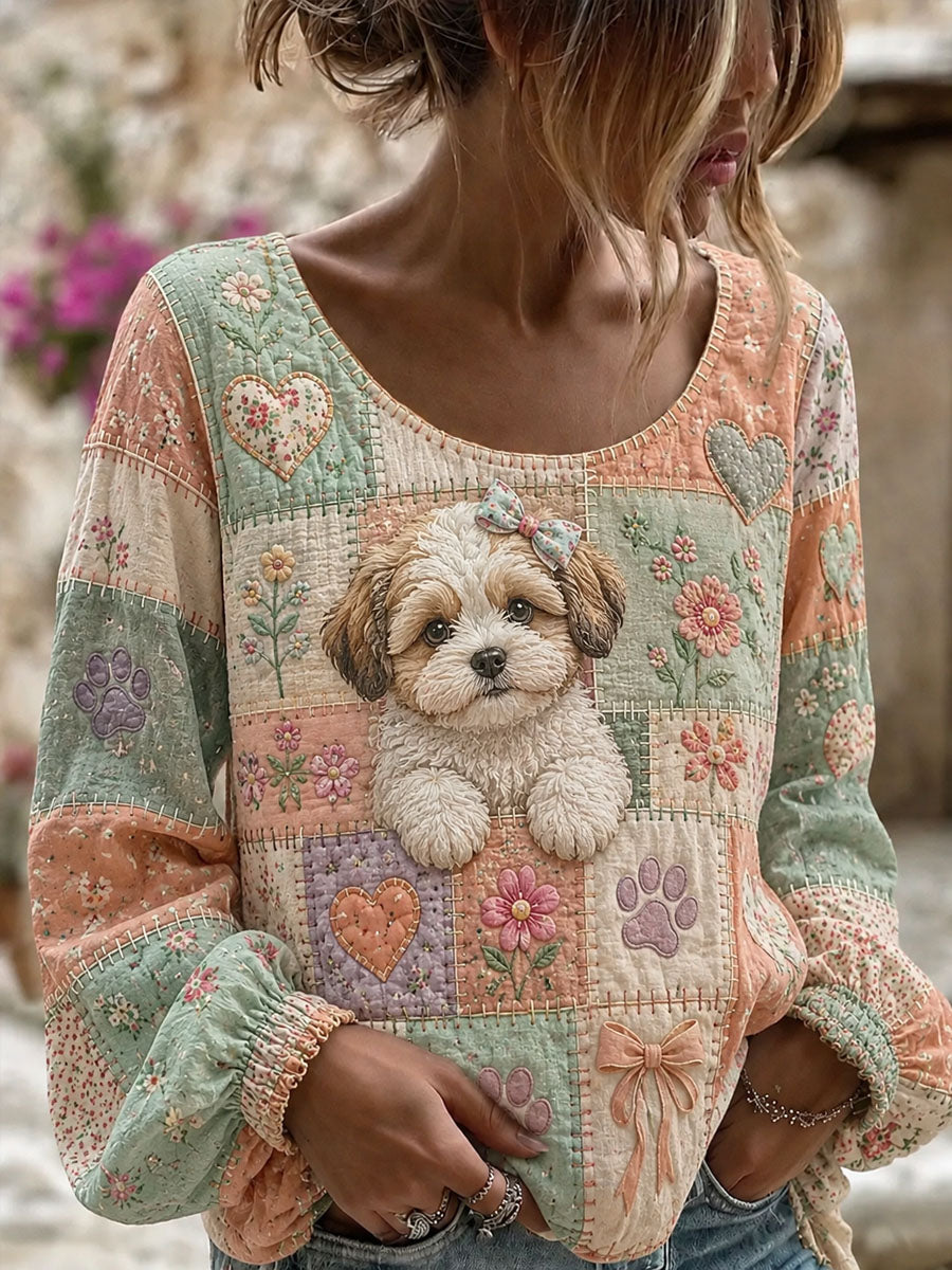 Damen niedliches Patchwork-Hunde-Print-Casual-Top