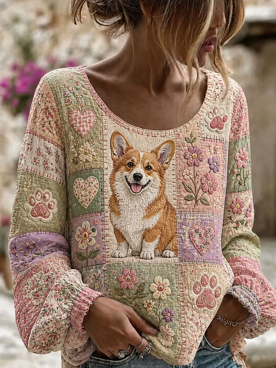 Damen niedliches Patchwork Corgi Print Casual Top
