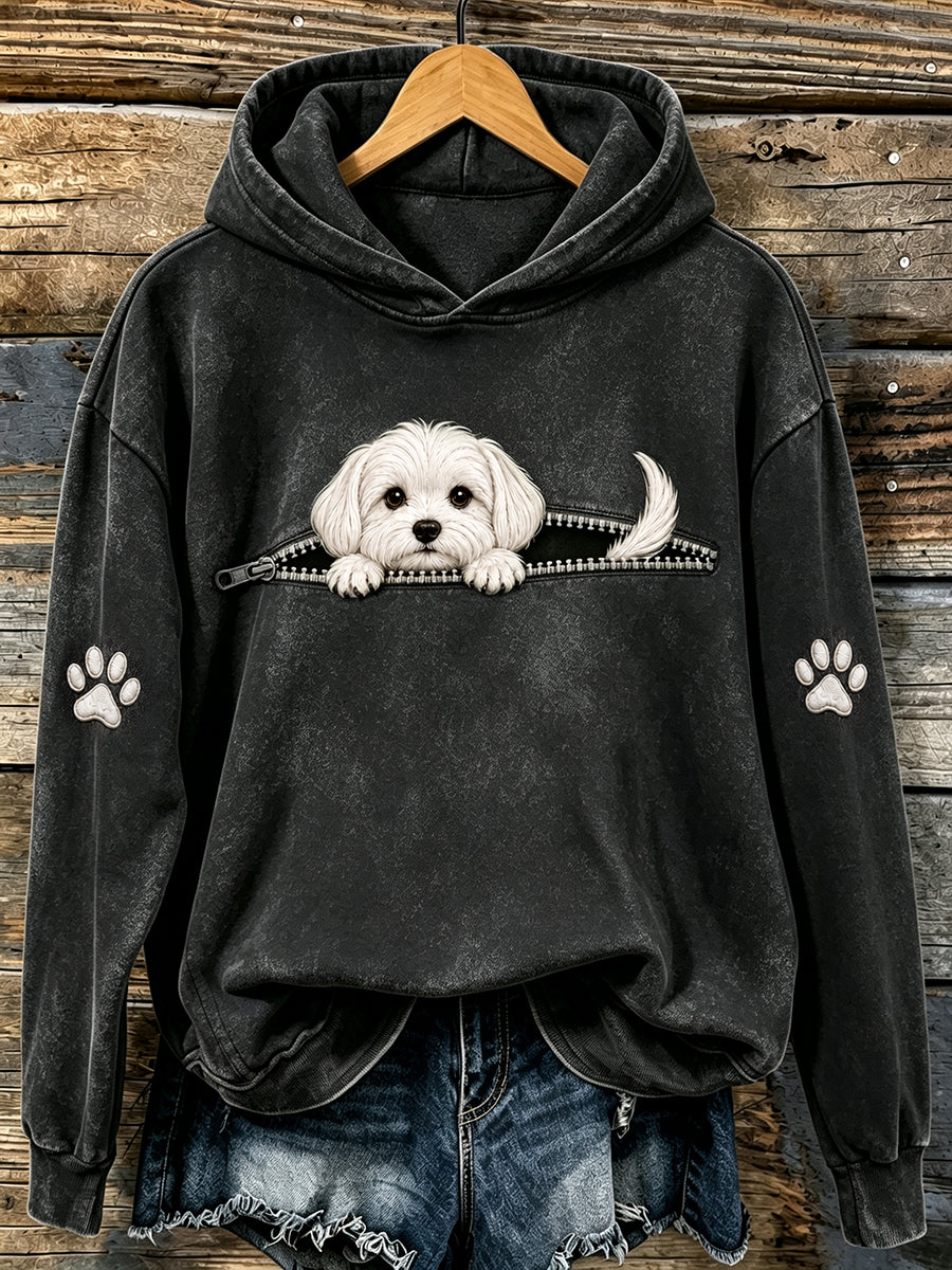 Damen-Sweatshirt mit süßem, hervorlugendem Malteser und Pfoten-Print sowie Kapuze